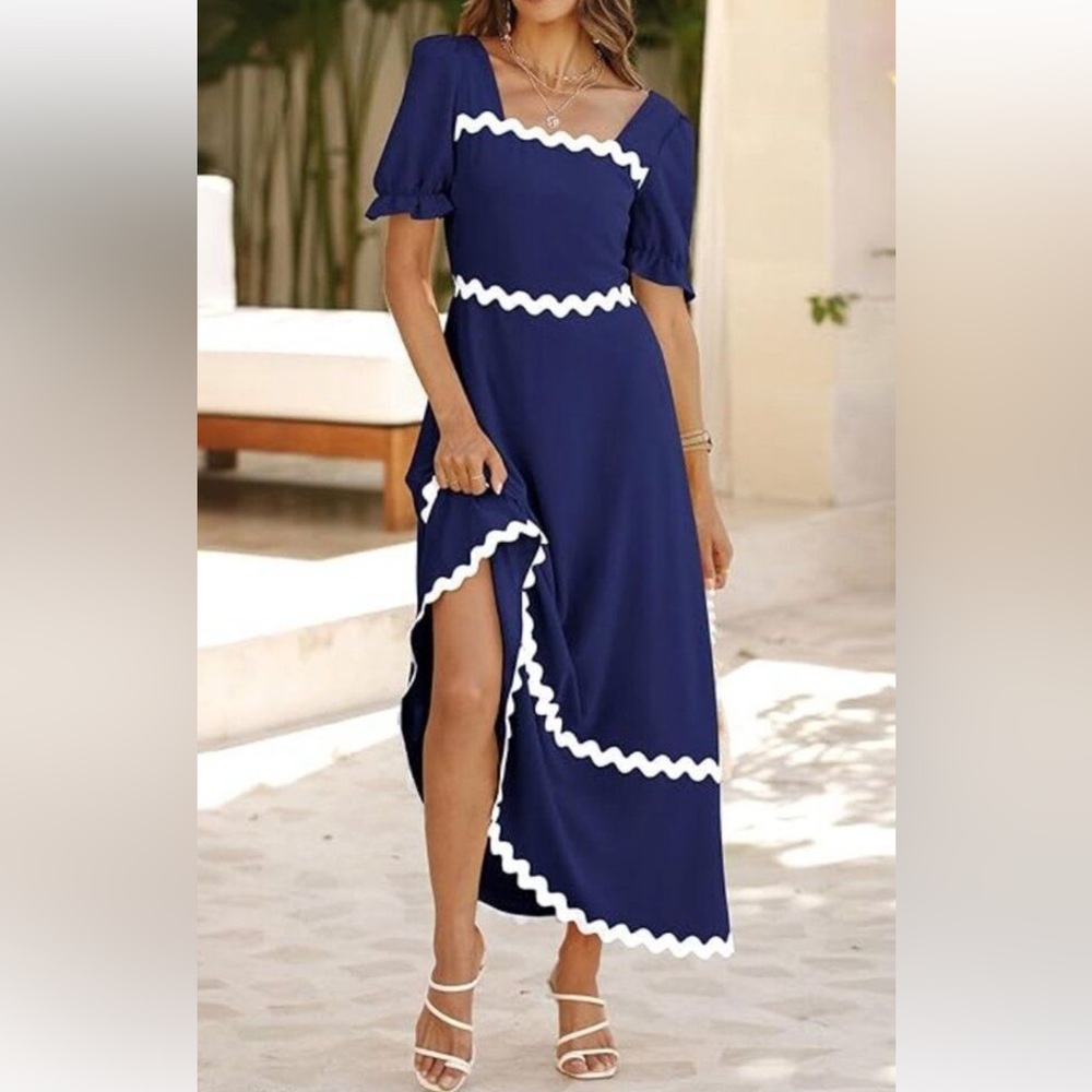 Elegant Navy Maxi Dress with White Trim